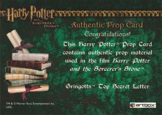 Gringotts Top Secret Letter - Back